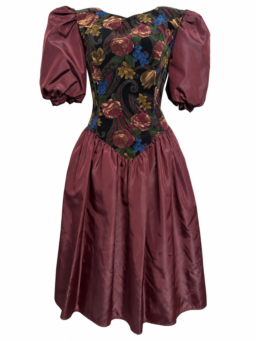 Vintage DONNA MORGAN Basque Waist Floral Puff Sleeve Dress Size 9/10